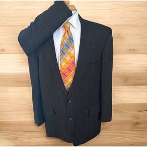 Vintage‎ John Weitz Black Striped Wool Flannel 2 Piece Suit 46R Pants 40 x 30